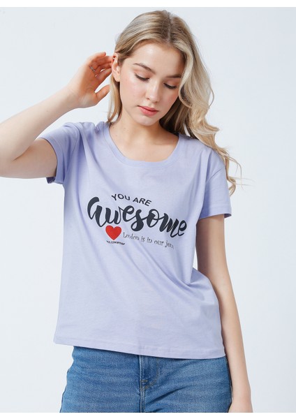 222 LCF 242010 Bisiklet Yaka Normal Kalıp Baskılı Lila Kadın T-Shirt fiyatları