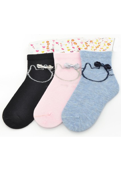 3 Lü Kedi-Kurdele Baskı Yarım Konç Kız Çocuk Çorap