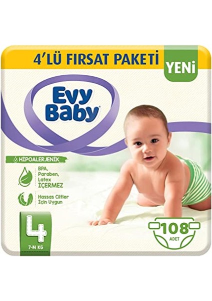 Evy Baby Bebek Bezi 4 Beden (7-14 Kg) Maxi %100 Doğal Pamuk, 108 Adet