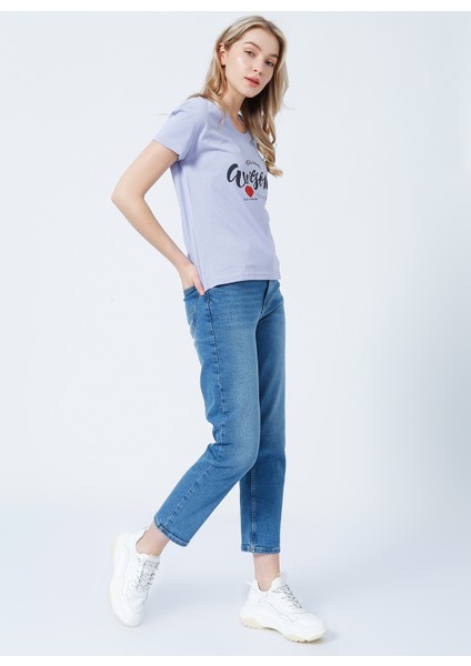 Lee Cooper 222 LCF 242010 Bisiklet Yaka Normal Kalıp Baskılı Lila Kadın T-Shirt