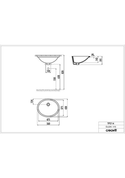 Tp214 Tezgah Altı Oval Lavabo 37*47 Cm Beyaz