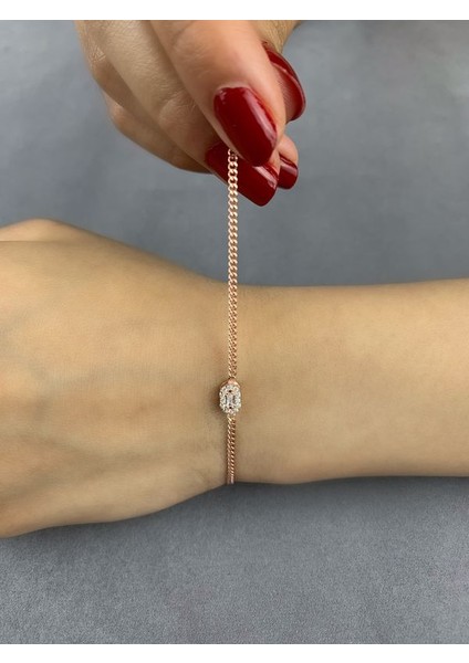 Oval Baget Taşlı Rose Kaplama Gümüş Kadın Bileklik