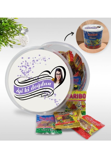 Kişiye Özel Isimli Fotoğraflı Doğum Günü Tasarımlı Dev Boy Haribo Minis Kovası (10GX100ADET) Model 28