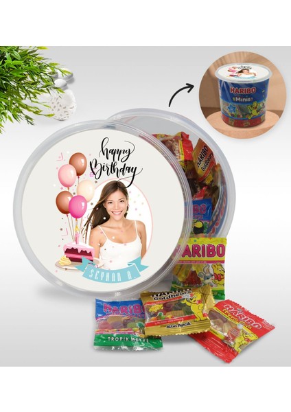 Kişiye Özel Isimli Fotoğraflı Doğum Günü Tasarımlı Dev Boy Haribo Minis Kovası (10GX100ADET) Model 22