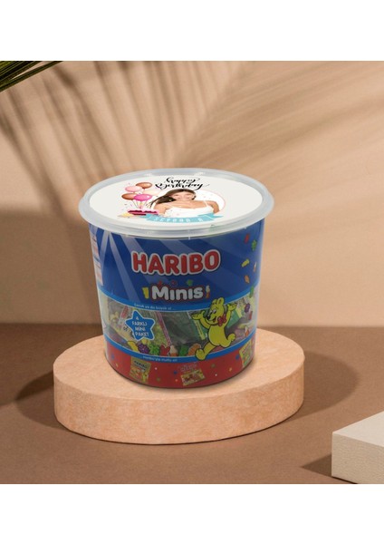 Kişiye Özel Isimli Fotoğraflı Doğum Günü Tasarımlı Dev Boy Haribo Minis Kovası (10GX100ADET) Model 22
