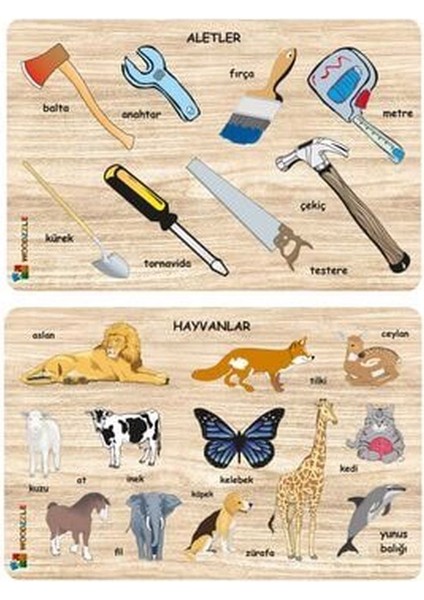 2'li Set Ahşap Eğitici Öğretici Yapboz Hayvanlar-Aletler Eğitici Puzzle