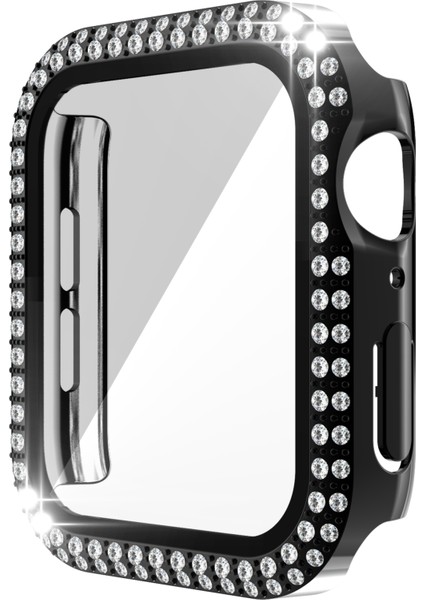 Çift Sıra Elmas Pc + Temperli Cam Saat Kılıf Apple Watch Uyumlu Serisi 3 & 2 & 1 38 mm Siyah (Yurt Dışından)