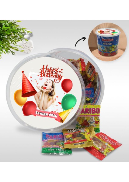 Kişiye Özel Isimli Fotoğraflı Doğum Günü Tasarımlı Dev Boy Haribo Minis Kovası (10GX100ADET) Model 15