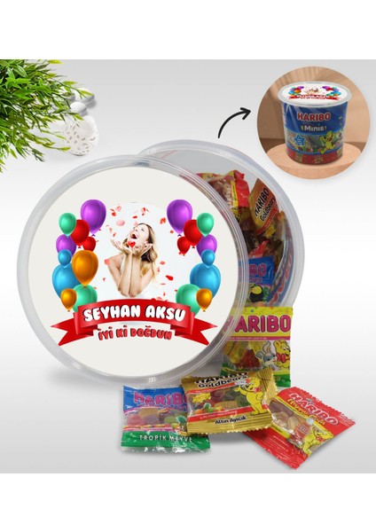 Kişiye Özel Isimli Fotoğraflı Doğum Günü Tasarımlı Dev Boy Haribo Minis Kovası (10GX100ADET) Model 14