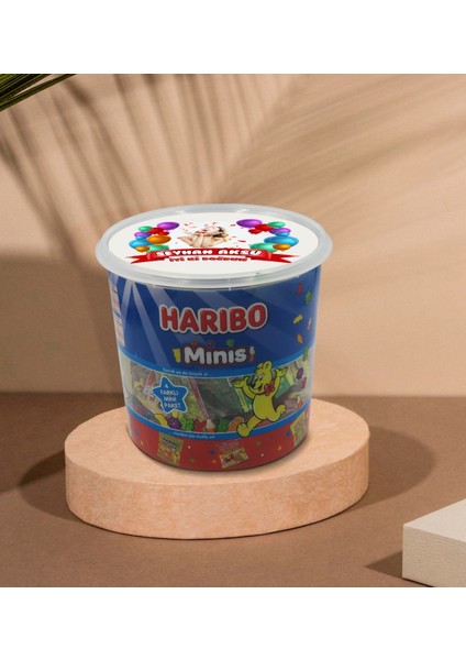 Kişiye Özel Isimli Fotoğraflı Doğum Günü Tasarımlı Dev Boy Haribo Minis Kovası (10GX100ADET) Model 14