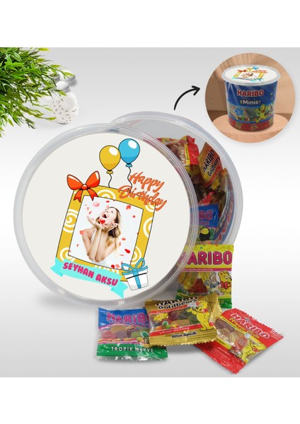 Kişiye Özel Isimli Fotoğraflı Doğum Günü Tasarımlı Dev Boy Haribo Minis Kovası (10GX100ADET) Model 12