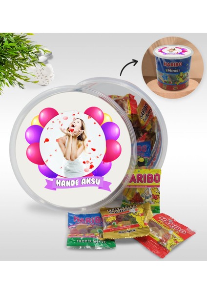 Kişiye Özel Isimli Fotoğraflı Doğum Günü Tasarımlı Dev Boy Haribo Minis Kovası (10GX100ADET) Model 7