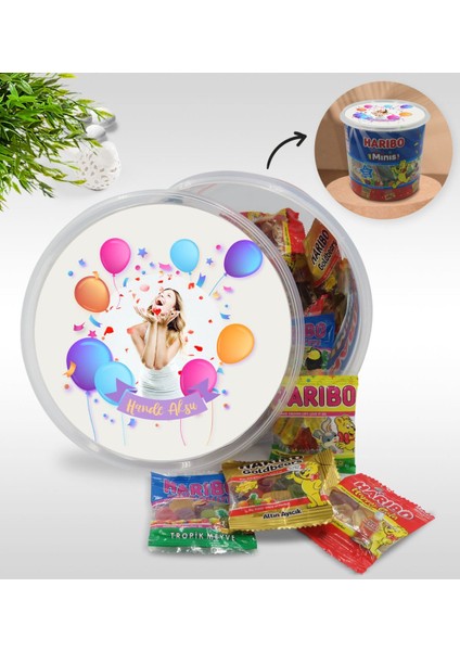 Kişiye Özel Isimli Fotoğraflı Doğum Günü Tasarımlı Dev Boy Haribo Minis Kovası (10GX100ADET) Model 5