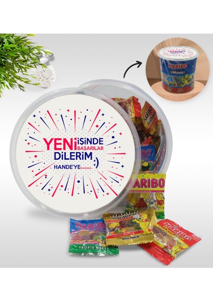 Kişiye Özel İsimli Yeni İşinde Başarılar Tasarımlı Dev Boy Haribo Minis Kovası Model 6 10 gr 100'lü