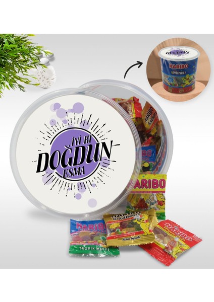Kişiye Özel İsimli İyi Ki Doğdun Tasarımlı Dev Boy Haribo Minis Kovası Model 2 10 gr 100'lü