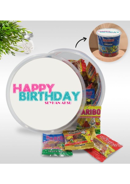 Kişiye Özel İsimli Happy Birthday Tasarımlı Dev Boy Haribo Minis Kovası 10 gr 100'lü