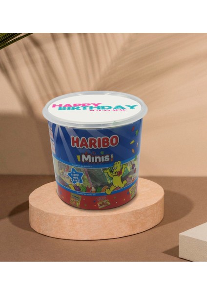 Kişiye Özel İsimli Happy Birthday Tasarımlı Dev Boy Haribo Minis Kovası 10 gr 100'lü