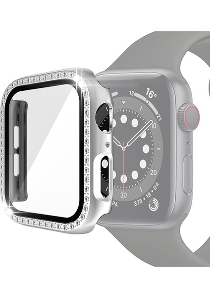 Pc Tek Sıra Elmas Kılıf Temperli Cam Filmi ile Apple Watch Uyumlu Serisi 6 & Se & 5 & 4 44 mm Gümüş (Yurt Dışından)