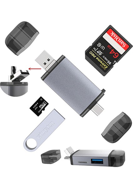 6 In 1 Usb, Type-C, Mikro USB To Usb2.0/tf/sd Kart Okuyucu 3 Port Hub Adaptör Çevirici