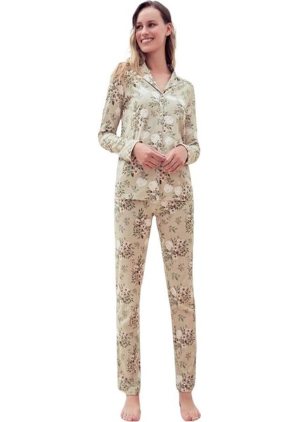 %100 Pamuk Desenli Boydan Düğmeli Bayan Pijama Takım