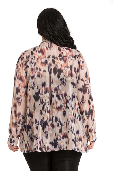 Büyük Beden Çiçek Desenli Kendinden Fularlı Manşetli Somon Şifon Gömlek modelleri