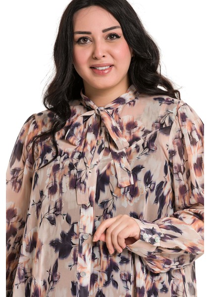 Büyük Beden Çiçek Desenli Kendinden Fularlı Manşetli Somon Şifon Gömlek indirimleri