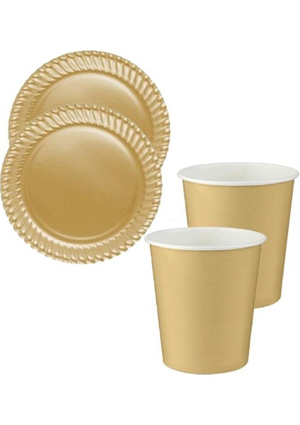 Gold (Altın Sarısı) Renk Karton Tabak Bardak Seti - 8 Kişilik