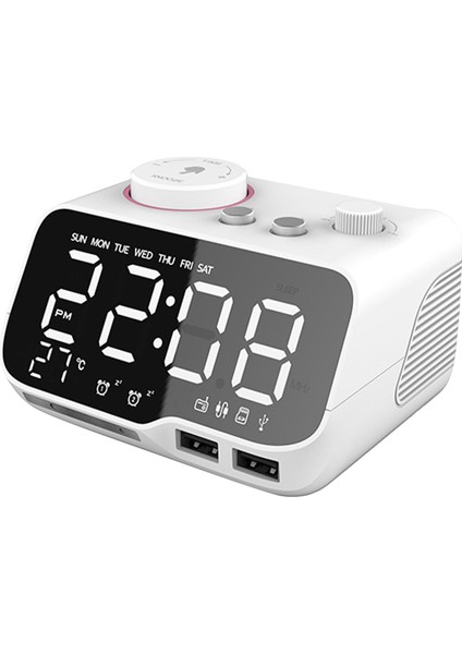 Çift Çalar Saat Bluetooth Hoparlör Fm Radyo Erteleme Yatak Odası Masaüstü Ev Beyaz (Yurt Dışından)