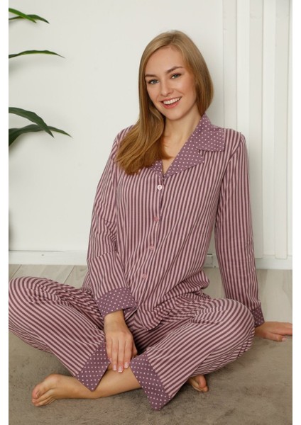 Dreamy Pamuklu Uzun Kollu Çizgili Gömlek Pijama Takımı Lila