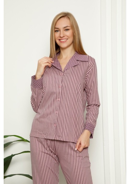 Dreamy Pamuklu Uzun Kollu Çizgili Gömlek Pijama Takımı Lila fiyatları