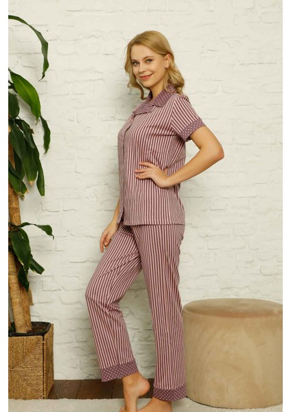 Dreamy Pamuklu Kısa Kollu Çizgili Gömlek Pijama Takımı Lila fiyatları
