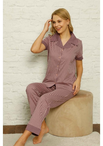 Dreamy Pamuklu Kısa Kollu Çizgili Gömlek Pijama Takımı Lila modelleri