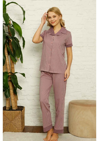Dreamy Pamuklu Kısa Kollu Çizgili Gömlek Pijama Takımı Lila fırsatları