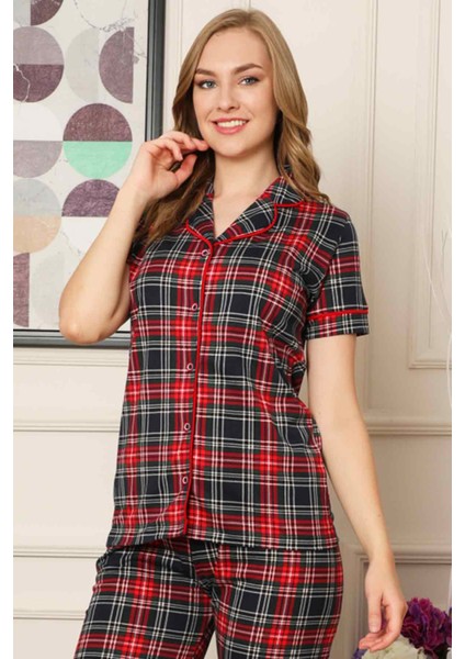 Dreamy Ekoseli Pamuklu Biyeli Kısa Kollu Gömlek Pijama Takımı
