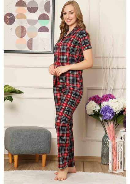 Dreamy Ekoseli Pamuklu Biyeli Kısa Kollu Gömlek Pijama Takımı modelleri