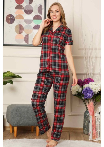 Dreamy Ekoseli Pamuklu Biyeli Kısa Kollu Gömlek Pijama Takımı fırsatları