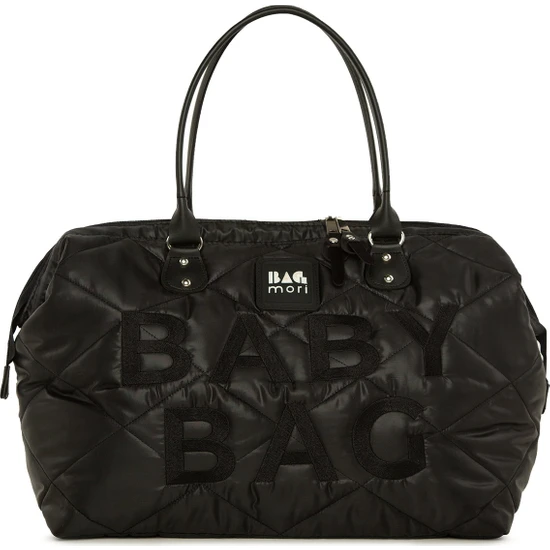 Bagmori Siyah Baby Bag Nakışlı Puf Şişme Anne Bebek Bakım Çanta