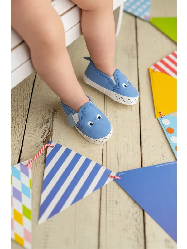 First Step Mavi Canavar Nakışlı Bebek Cırtcırtlı Patik Ayakkabı