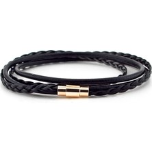 Solfera Sarı Renk Manyetik Klips Sarma Siyah Deri Erkek Bileklik Bt501