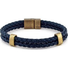 Solfera Lacivert Deri Çift Sıralı Bronz Metal Erkek Bileklik Bt525