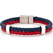 Solfera Kırmızı Lacivert Deri Çift Sıralı Erkek Bileklik Bt527