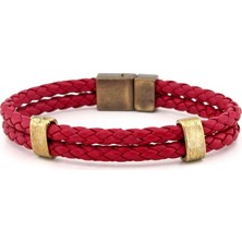 Solfera Kırmızı Deri Çift Sıralı Antik Sarı Metal Erkek Bileklik Bt528
