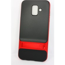 Case 4U Samsung Galaxy A6 2018 Kılıf Standlı Korumalı Silikon Sert Arka Kapak - Kırmızı