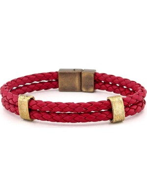 Solfera Kırmızı Deri Çift Sıralı Antik Sarı Metal Erkek Bileklik Bt528