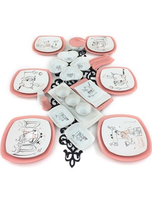 Keramika Peri Masalı 30 Parça 6 Kişilik Seramik Kahvaltı Takımı Pembe