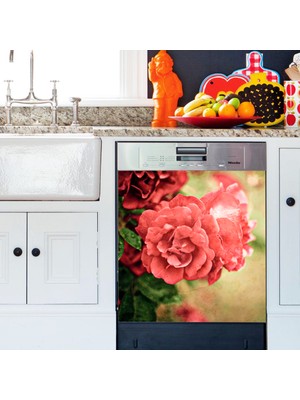 Tilki Dünyası Açmış Pembe Güller Bulaşık Makinası Kapak Stickerı