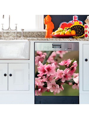 Tilki Dünyası Dalda Pembe Çiçekler Bulaşık Makinası Kapak Stickerı