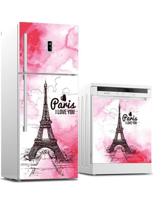 Tilki Dünyası Paris Desenli Buzdolabı ve Bulaşık Makinesi Takım Sticker 0028
