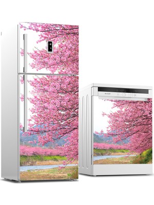 Tilki Dünyası Pembe Çiçekler Buzdolabı ve Bulaşık Makinesi Takım Sticker 0035