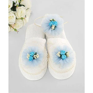 Mavi Çiçek Dantelli Lohusa Terlik Taç Seti 39-40 Numara